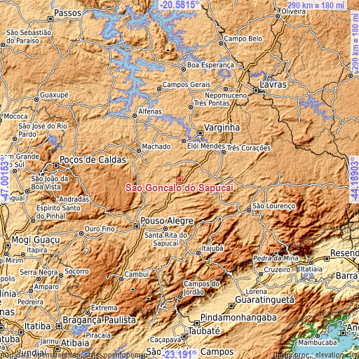 Topographic map of São Gonçalo do Sapucaí