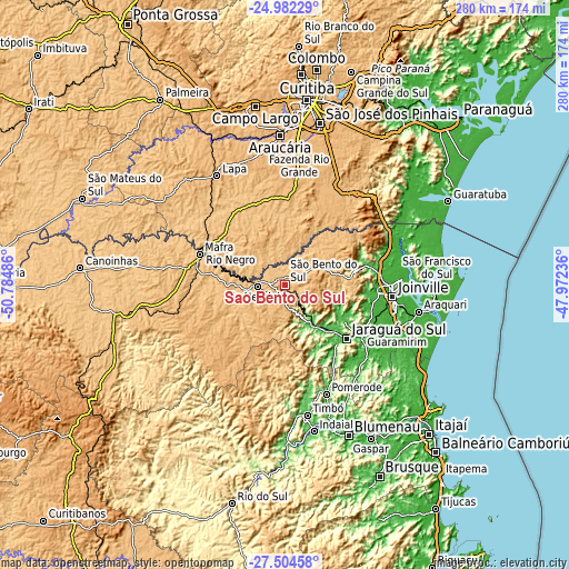 Topographic map of São Bento do Sul