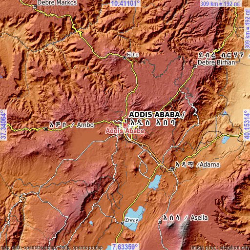 Topographic map of Addis Ababa