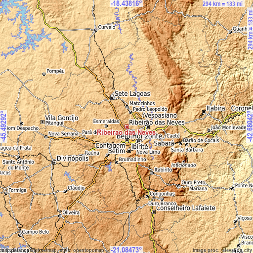 Topographic map of Ribeirão das Neves