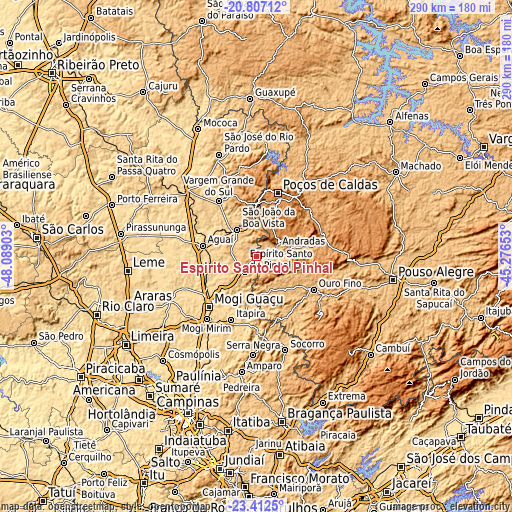 Topographic map of Espírito Santo do Pinhal