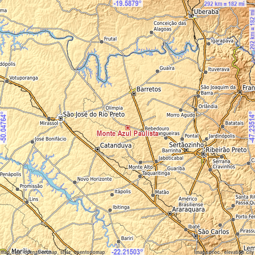 Topographic map of Monte Azul Paulista