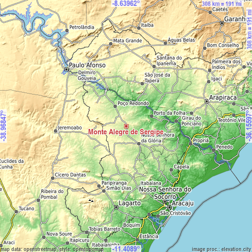Topographic map of Monte Alegre de Sergipe