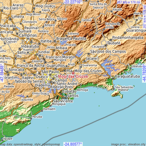 Topographic map of Mogi das Cruzes