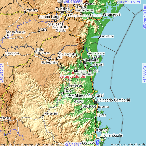 Topographic map of Jaraguá do Sul
