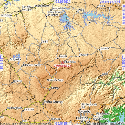 Topographic map of Jaguariaíva