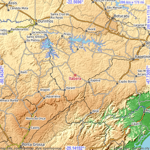 Topographic map of Itaberá