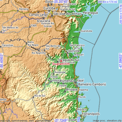 Topographic map of Guaramirim