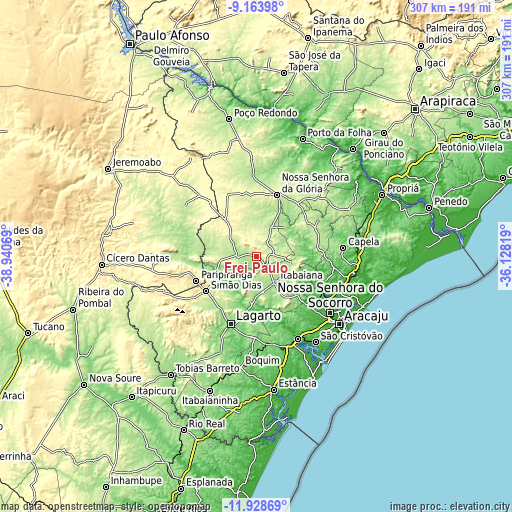 Topographic map of Frei Paulo