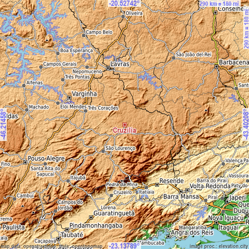 Topographic map of Cruzília