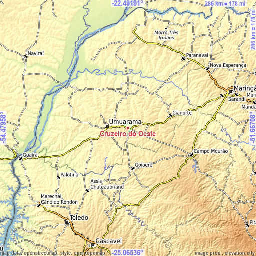 Topographic map of Cruzeiro do Oeste