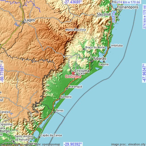 Topographic map of Criciúma