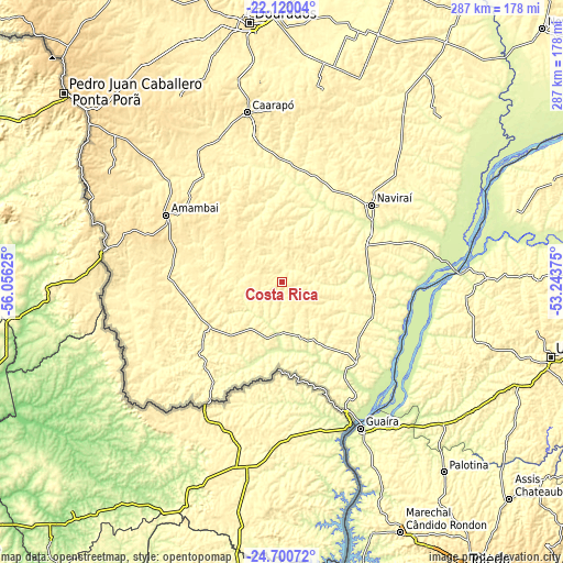 Topographic map of Costa Rica