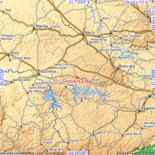 Topographic map of Cerqueira César