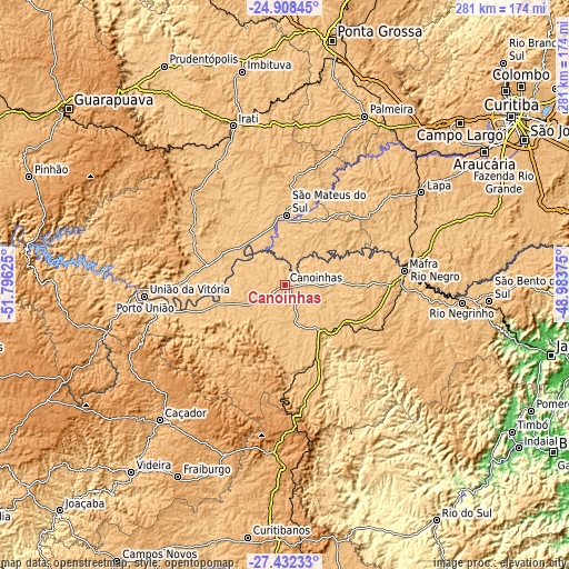 Topographic map of Canoinhas