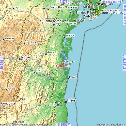 Topographic map of Camamu