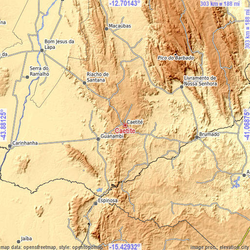 Topographic map of Caetité