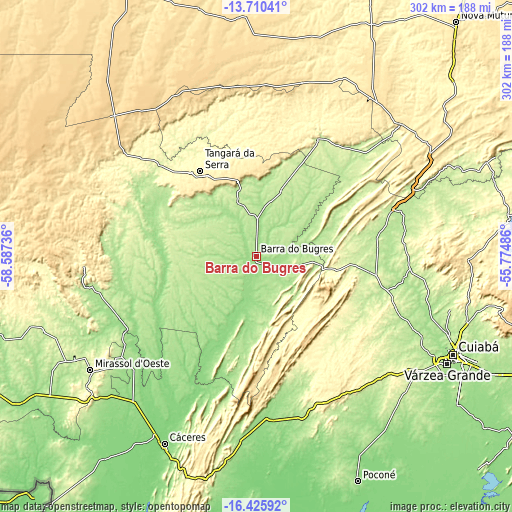 Topographic map of Barra do Bugres