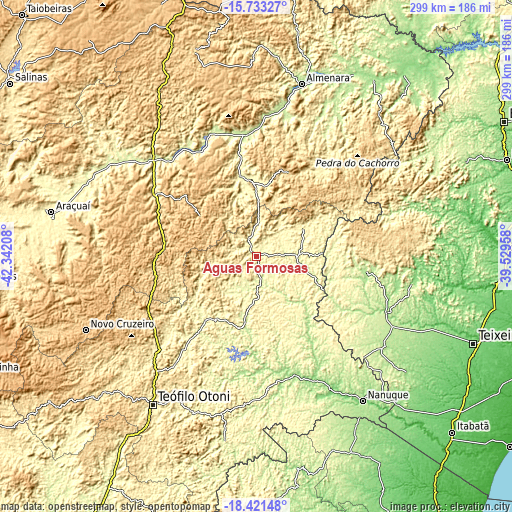 Topographic map of Águas Formosas