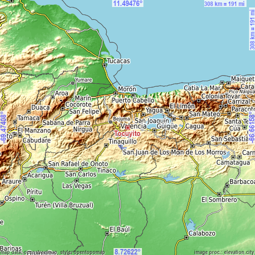 Topographic map of Tocuyito