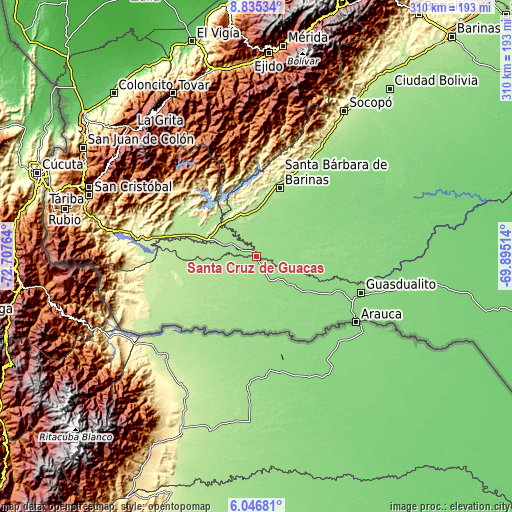 Topographic map of Santa Cruz de Guacas