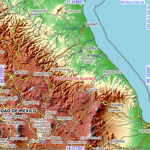 Topographic map of Zozocolco de Guerrero