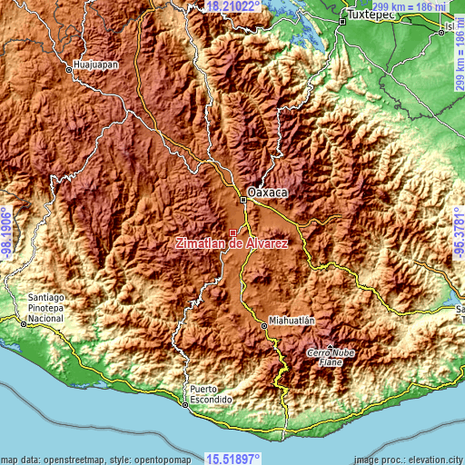 Topographic map of Zimatlán de Álvarez