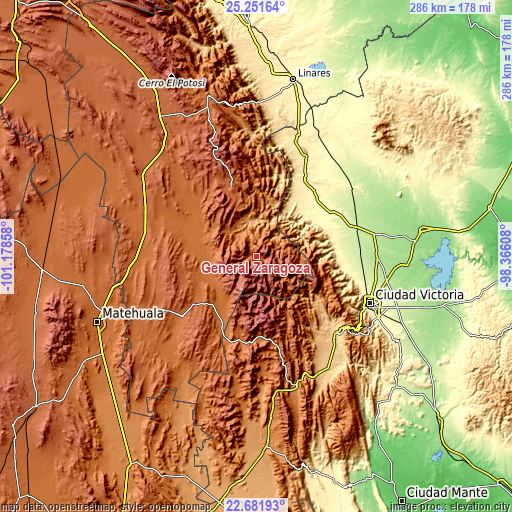 Topographic map of General Zaragoza