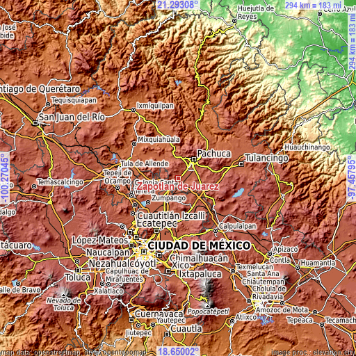 Topographic map of Zapotlán de Juárez