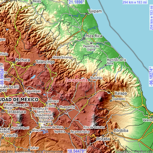 Topographic map of Zacapoaxtla