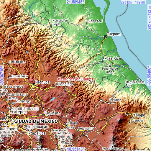 Topographic map of Xicotepec de Juárez