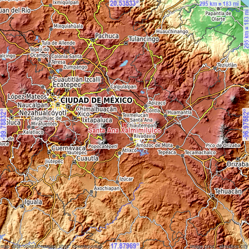 Topographic map of Santa Ana Xalmimilulco