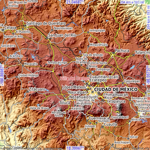 Topographic map of Villa del Carbón