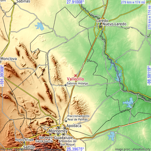 Topographic map of Vallecillo
