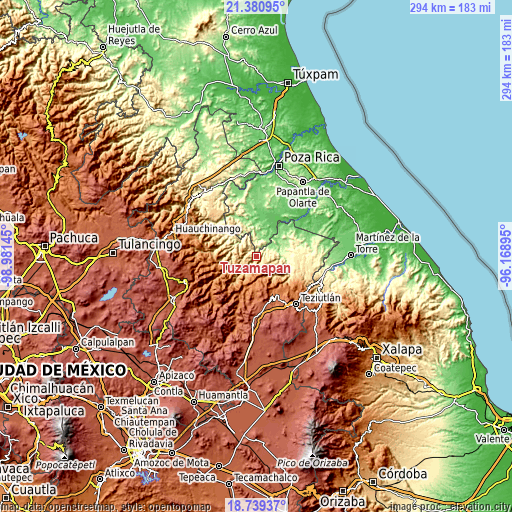 Topographic map of Tuzamapan