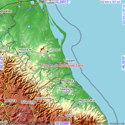 Topographic map of Túxpam de Rodríguez Cano