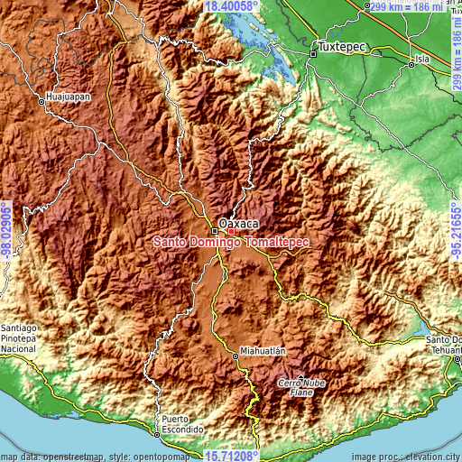 Topographic map of Santo Domingo Tomaltepec