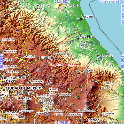 Topographic map of Tlayehualancingo