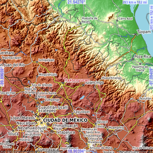 Topographic map of Tlaxocoyucan