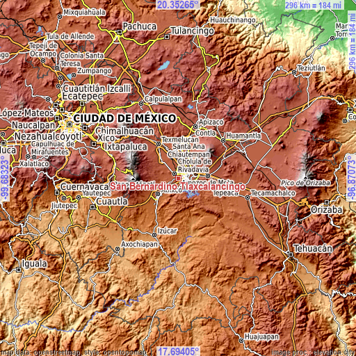 Topographic map of San Bernardino Tlaxcalancingo