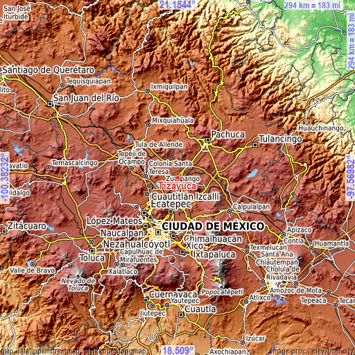 Topographic map of Tizayuca