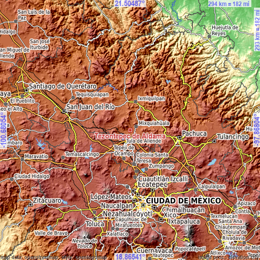 Topographic map of Tezontepec de Aldama