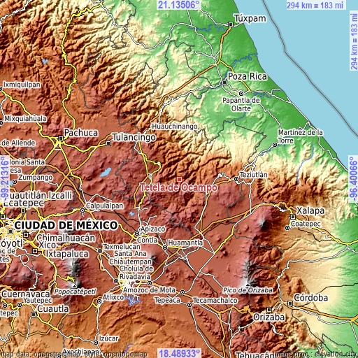 Topographic map of Tetela de Ocampo