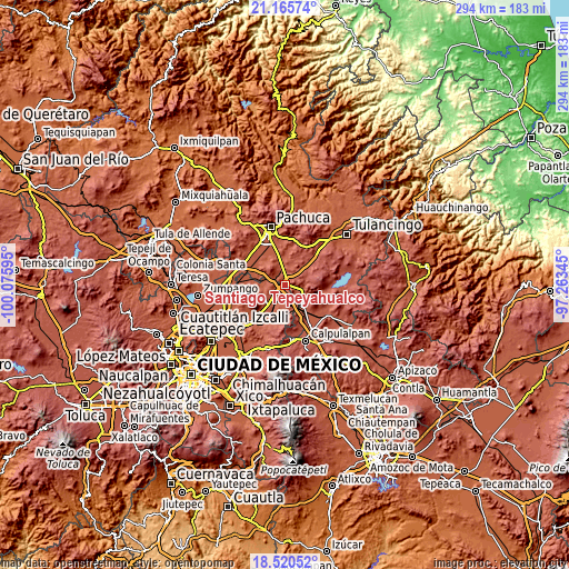 Topographic map of Santiago Tepeyahualco