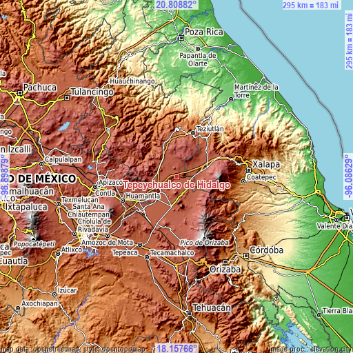 Topographic map of Tepeyehualco de Hidalgo