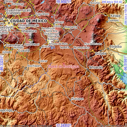 Topographic map of Tepexi de Rodríguez