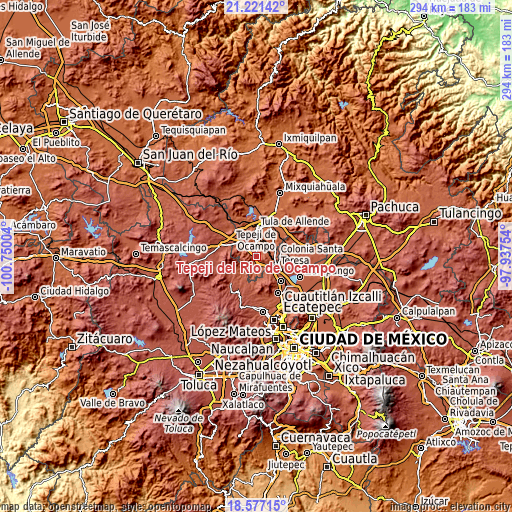 Topographic map of Tepeji del Río de Ocampo