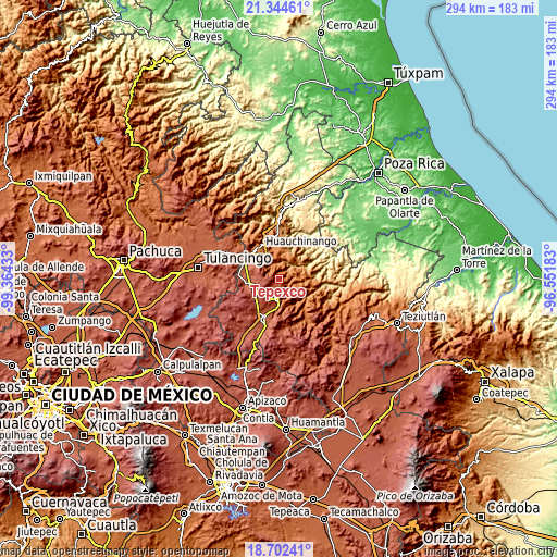 Topographic map of Tepexco