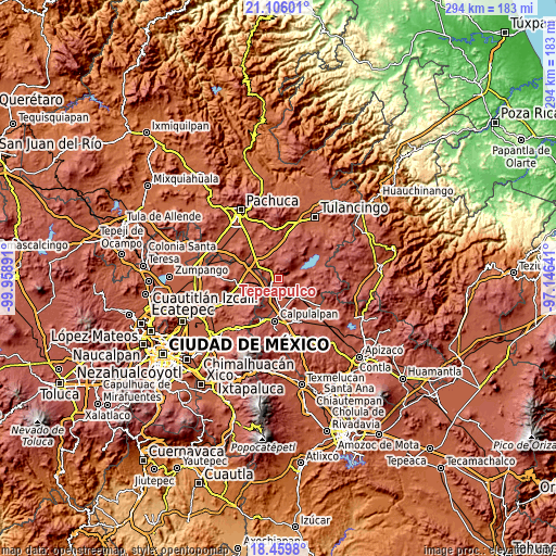 Topographic map of Tepeapulco