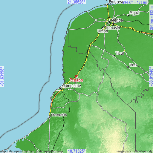 Topographic map of Tenabo